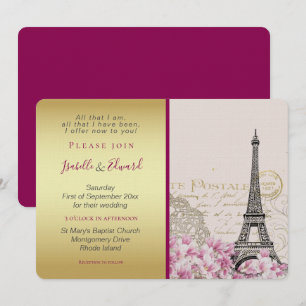 Convites Flores Cor-de-Rosa Vintage Torre Eiffel Dourado &