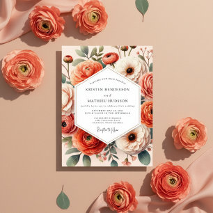 Convites Flores Coral em Flor Romântica Casamento
