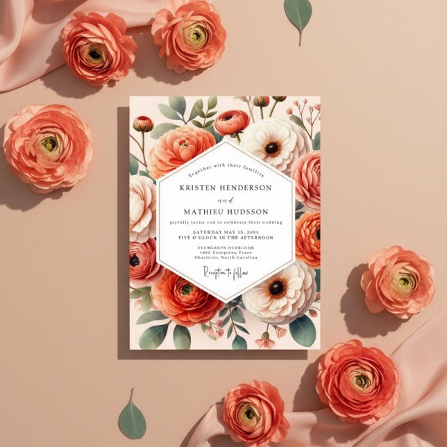 Convites Flores Coral em Flor Romântica Casamento (Criador carregado)