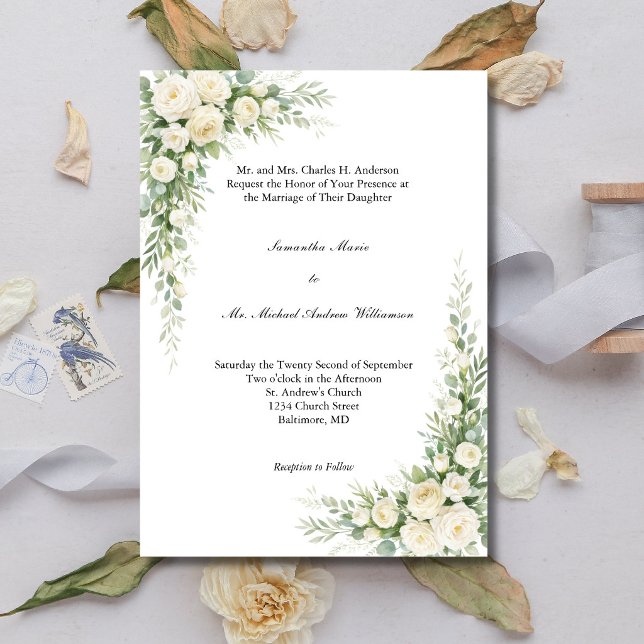 Convites Flores Cremes Brancos Casamento Tradicional Igreja (White Cream Roses and Watercolor Florals Traditional Church Wedding Invitation)