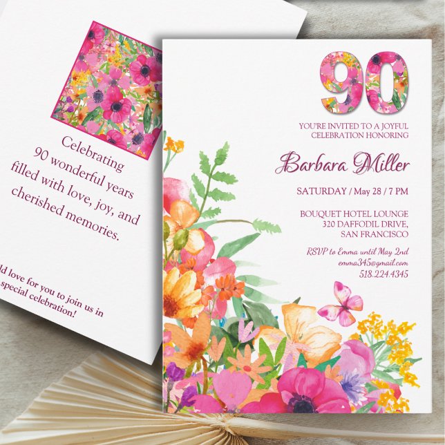 Convites Flores de 90 Anos - Aniversário do 90 de Aquarela (Criador carregado)