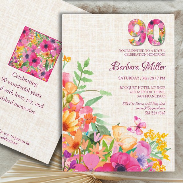 Convites Flores De 90 Anos - Borboletas Linen 90 Aniversári (Criador carregado)