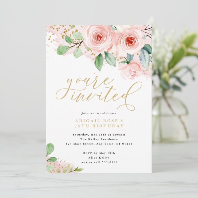 Convites Flores de Água Rosa e Dourada, você é convidado (Em pé/Frente)