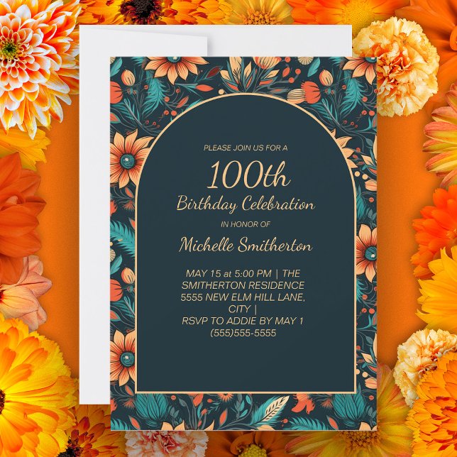 Convites Flores de Alho Laranja Arco Negro 100º Arco de Ani (Orange and teal floral on black arch 100th birthday party invitation for women.)