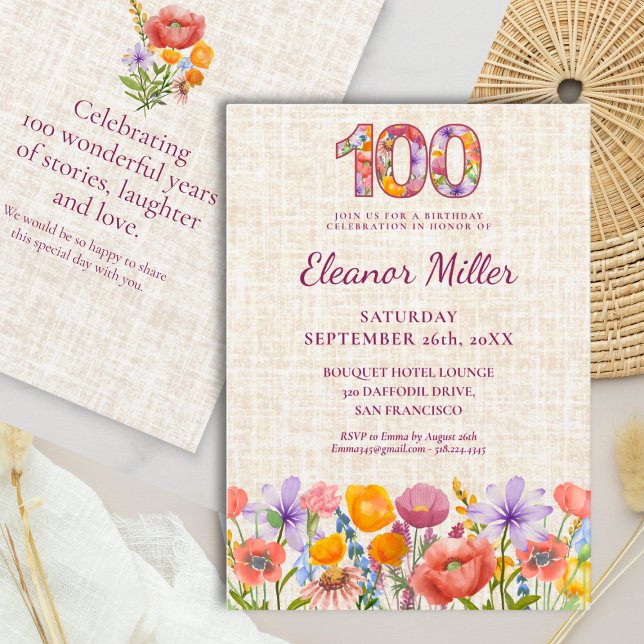 Convites Flores de Aniversário de 100 Anos - Número Floral (Criador carregado)