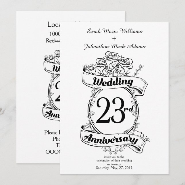 Convites Flores de Aniversário de Casamento de 23 Anos Rosa (Frente/Verso)