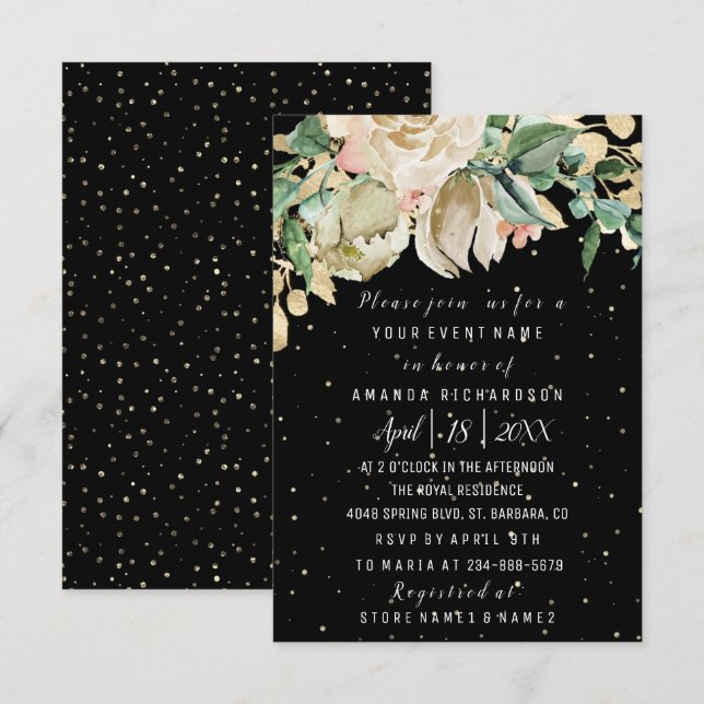 Convites Flores de Aniversário de Noiva Dourado Hortelã Pre (Frente/Verso)