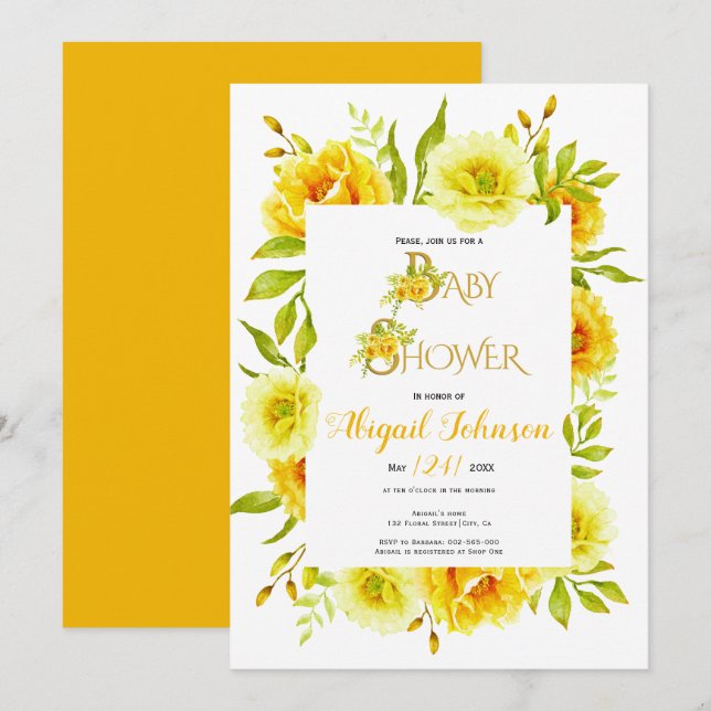 Convites Flores de aquarela amarela baby shower neutro (Frente/Verso)