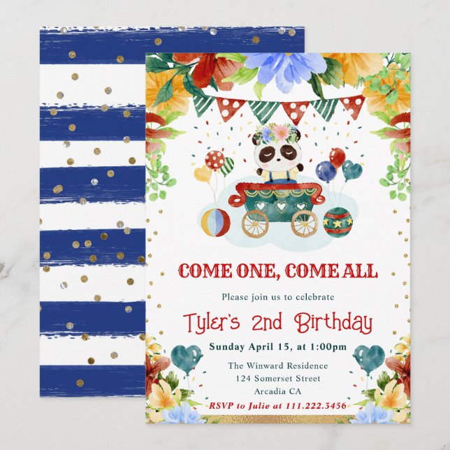 Convites Flores de Aquarela Aniversário de criança de Panda (Frente/Verso)