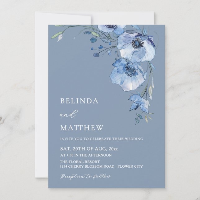 Convites Flores de Aquarela Azul Casamento Casual (Frente)