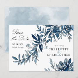 Convites flores de aquarela azul salvam a data