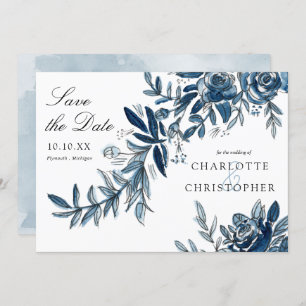 Convites flores de aquarela azul salvam a data