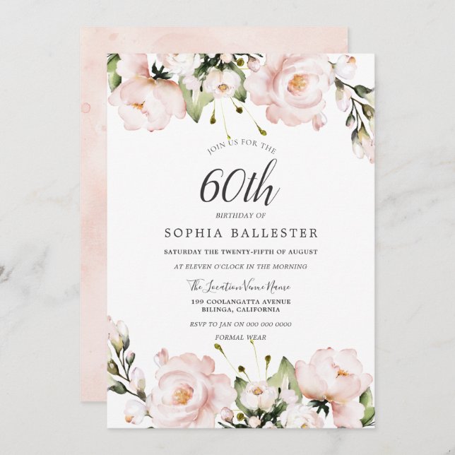 Convites Flores de Aquarela Blush 60ª Festa de aniversário (Frente/Verso)