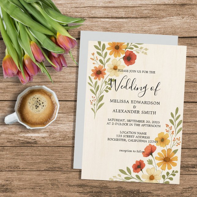 Convites Flores de aquarela botânica russa boho casamento (Rustic botanical watercolor flowers boho wedding invitation.)
