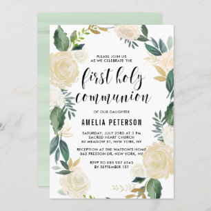 Convites Flores de Aquarela Brilhante Primeira Comunhão Sag