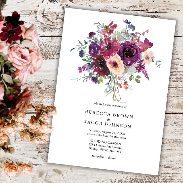 Convites Flores de Aquarela Burgundy Simples Casamento Rúst (Criador carregado)