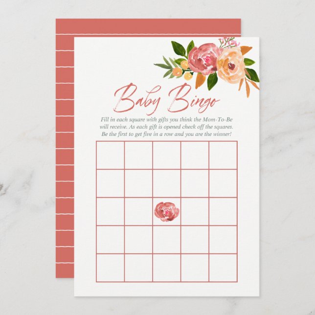 Convites Flores de aquarela Chá de fraldas Baby Bingo (Frente/Verso)