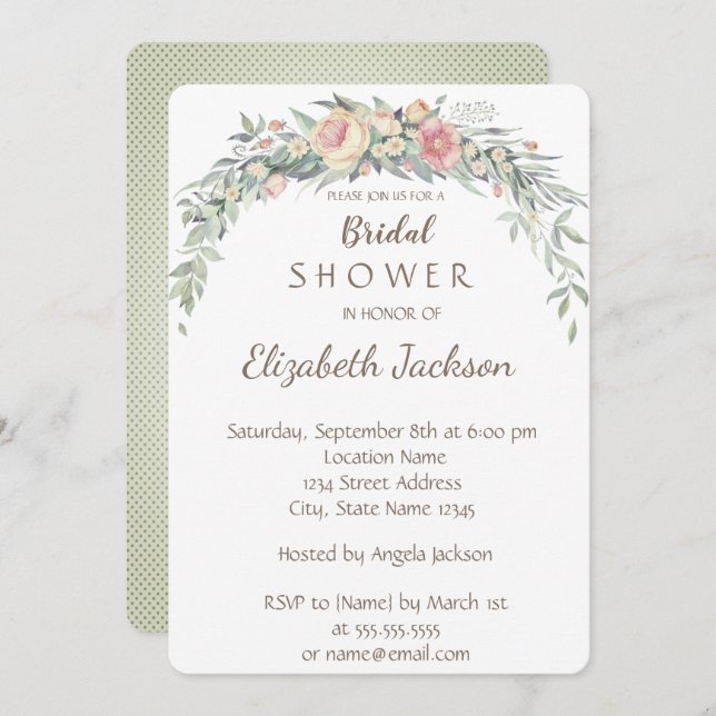 Convites Flores de Aquarela, Chá de panela Bolinhas (Frente/Verso)