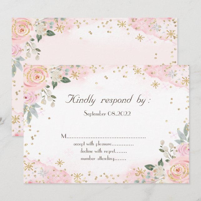Convites Flores de Aquarela Chic e Flocos de Neve RSVP  (Frente/Verso)