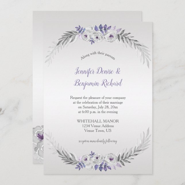 Convites Flores de Aquarela Cinza Prateado Roxo Casamento | (Frente/Verso)