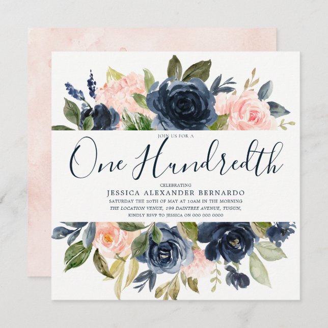Convites Flores de Aquarela de Marinho Rosa 100ª Festa de a (Frente/Verso)