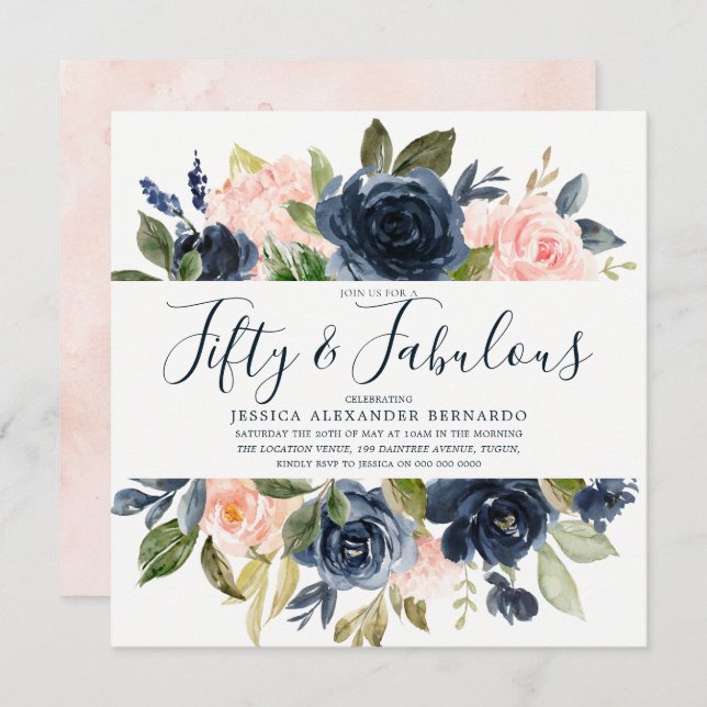 Convites Flores de Aquarela de Marinho Rosa 50ª Festa de an (Frente/Verso)