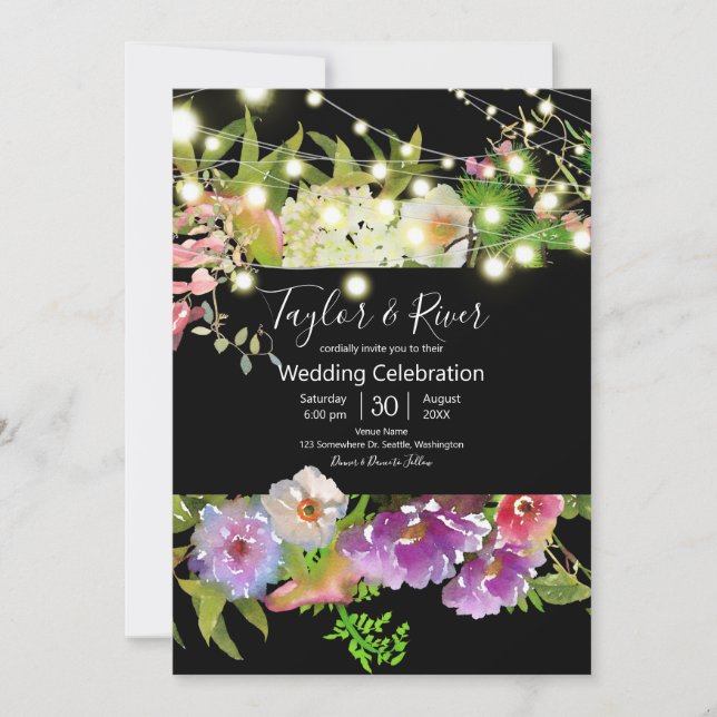 Convites Flores De Aquarela De Verão Com Luzes De Corda (Frente)
