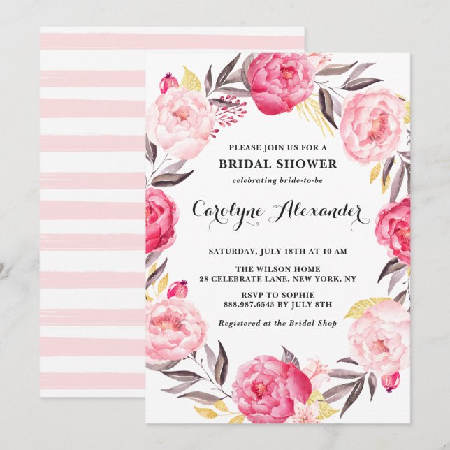 Convites Flores de Aquarela e Chá de panela de Folha de Our (Frente/Verso)