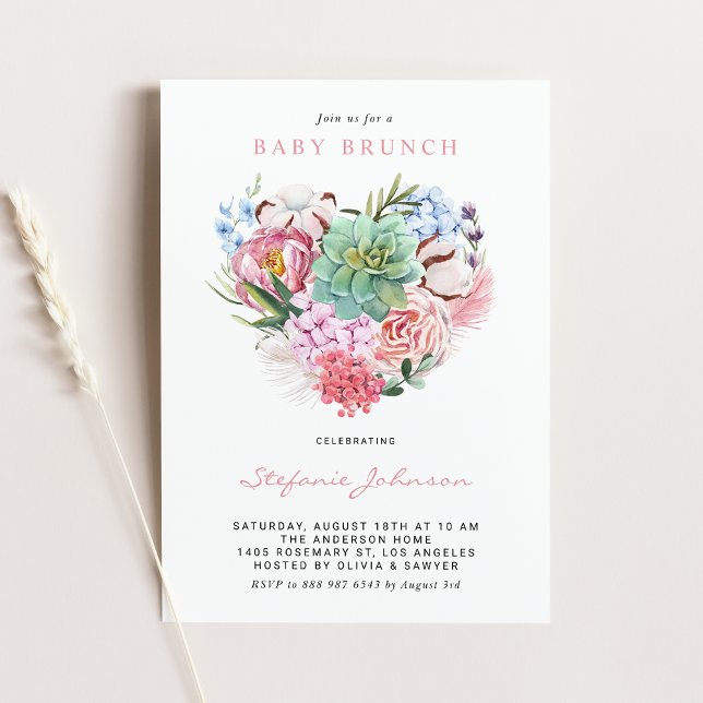 Convites Flores de Aquarela e Succulent Heart Baby Brunch (Criador carregado)