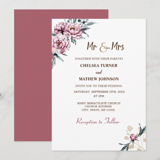 Convites Flores de aquarela elegante peônias (Frente/Verso)