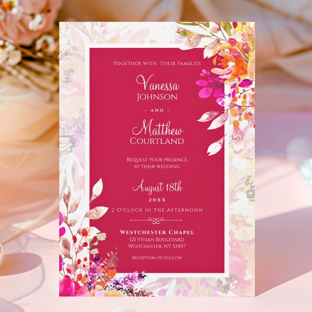 Convites Flores de Aquarela Elegantes, Cor de Rosa e Casame (Pink and Orange Elegant Watercolor Floral Wedding Invitation)