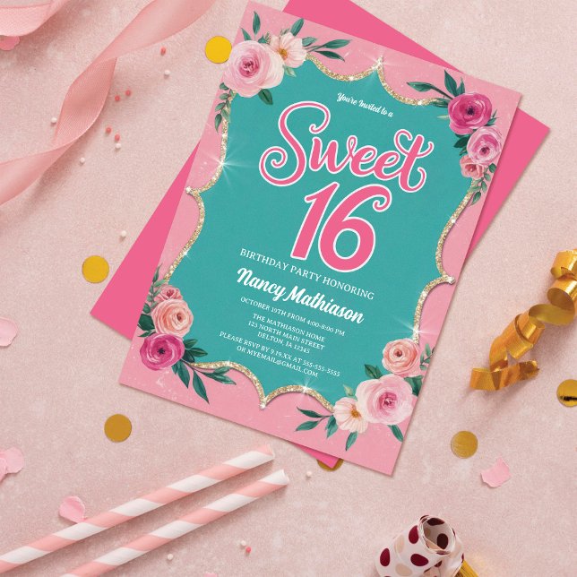 Convites Flores de Aquarela Elegantes Douradas Doce 16 Aniv (Criador carregado)