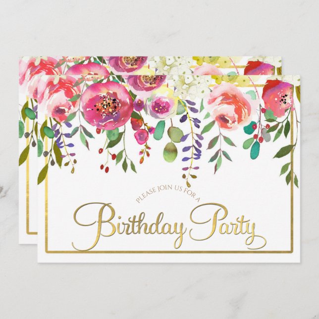 Convites Flores de Aquarela Festa de aniversário Moderna (Frente/Verso)