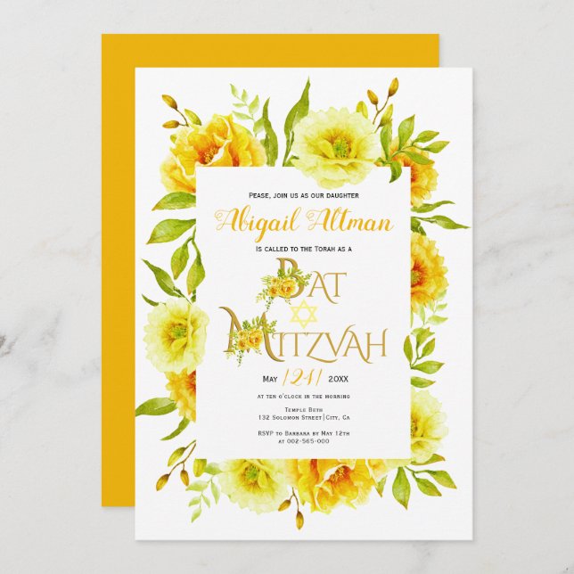 Convites Flores de aquarela floral Bat Mitzvah (Frente/Verso)