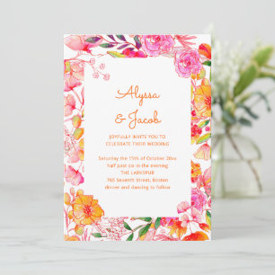 Convites Flores de Aquarela Laranja Rosa Casamento Escrito 