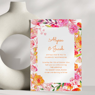 Convites Flores de Aquarela Laranja Rosa Casamento Escrito 