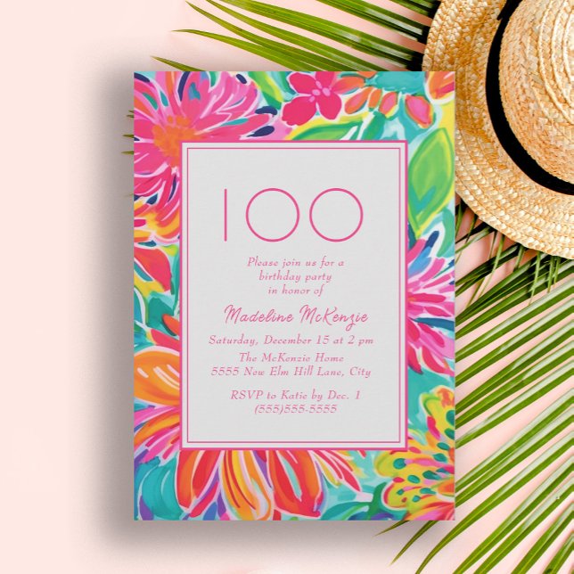 Convites Flores de Aquarela Laranja Rosa Quente Aniversário (Hot pink and orange tropical leaves 100th birthday party invitation)