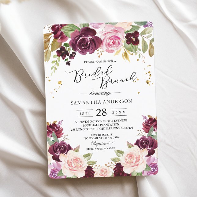 Convites Flores de Aquarela Moody & Rustic Burgundy e Folha (Criador carregado)