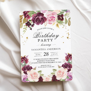 Convites Flores de Aquarela Moody & Rustic Burgundy e Folha