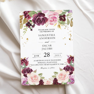 Convites Flores de Aquarela Moody & Rustic Burgundy e Folha