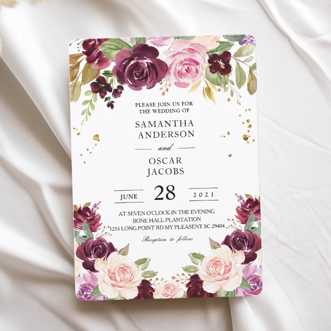 Convites Flores de Aquarela Moody & Rustic Burgundy e Folha (Criador carregado)