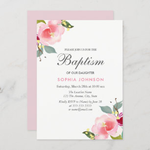 Convites Flores de Aquarela Rosa Baptism Christening Convit