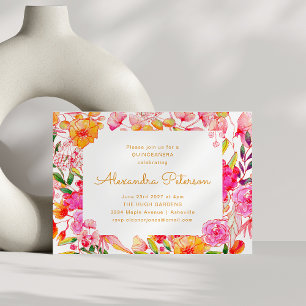 Convites Flores de Aquarela Rosa e Laranja QUINCEAÑERA