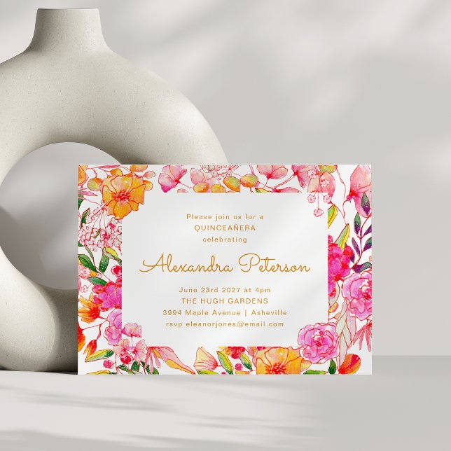 Convites Flores de Aquarela Rosa e Laranja QUINCEAÑERA (Criador carregado)