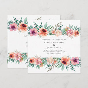 Convites Flores de Aquarela Rosa e Pêssego Casamento Modern