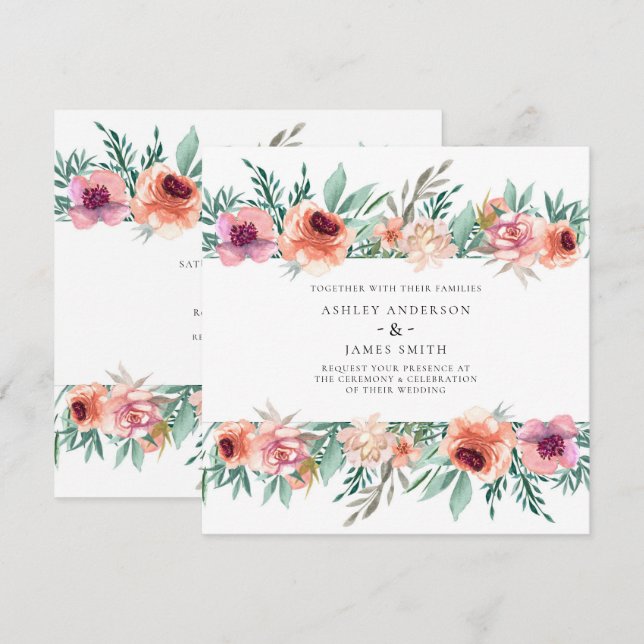 Convites Flores de Aquarela Rosa e Pêssego Casamento Modern (Frente/Verso)
