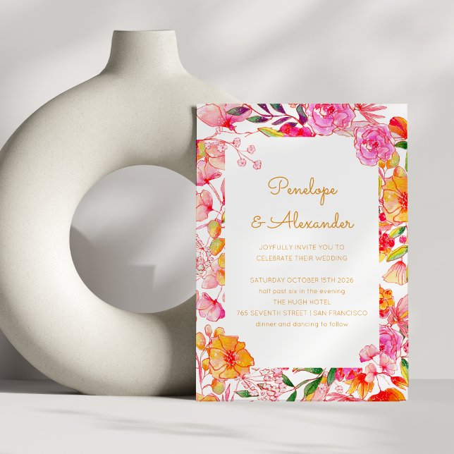 Convites Flores de Aquarela Rosa Laranja Script Casamento C (Criador carregado)