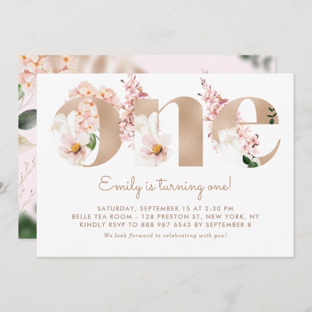 Convites Flores de Aquarela Rosa Rosa Dourado Primeiro Aniv (Frente/Verso)