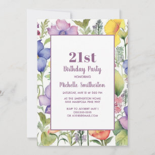Convites Flores de Aquarela Roxo Amarelo Aniversário de 21