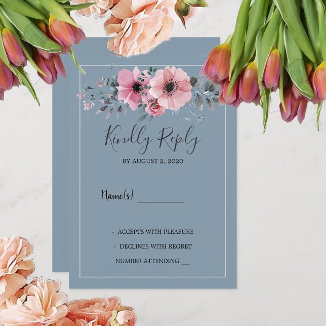 Convites Flores de aquarela russas azuis poeirentos RSVP (Rustic watercolor flowers dusty blue Wedding RSVP Invitation. You can add your own text.)